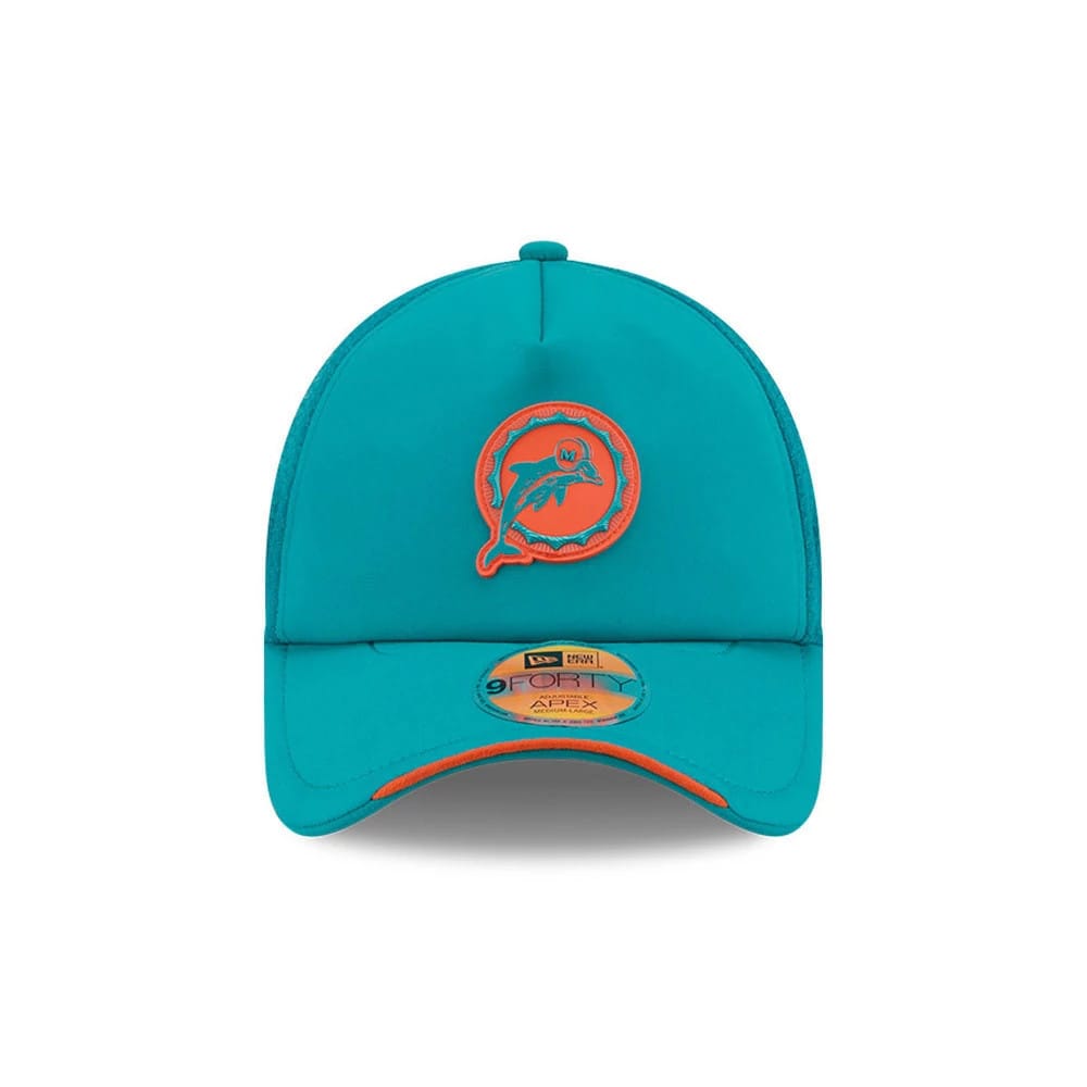 Pictured is this NFL Sideline 2026 Miami Dolphins 9FORTY Apex cap in turquoise. 2