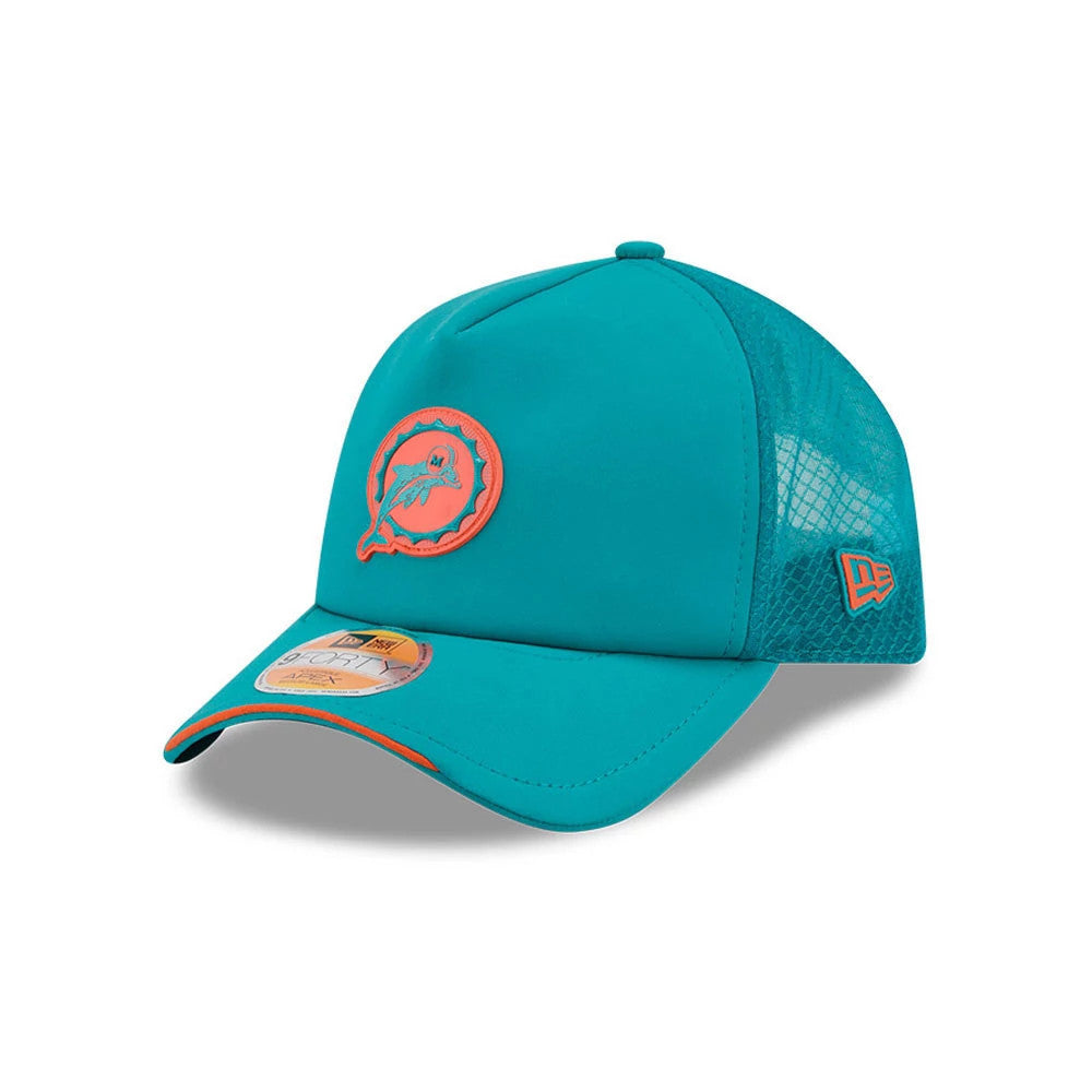 Miami Dolphins NFL Sideline 2026 Turquoise New Era 9FORTY Apex Adjustable Cap, three-quarter view showing the raised orange and turquoise dolphin logo embroidered on the front panel, with mesh side panels.