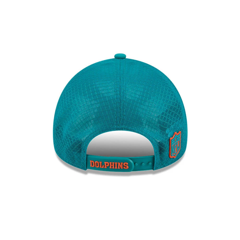 Miami Dolphins NFL Sideline 2026 Turquoise New Era 9FORTY Apex Adjustable Cap, rear view showing the orange embroidered Dolphins lettering on the adjustable strap, with an orange NFL shield logo on the crown’s left side.