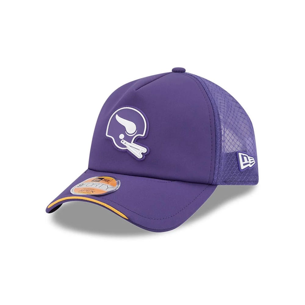 Pictured is this NFL Sideline 2026 Minnesota Vikings 9FORTY Apex cap in purple. 1