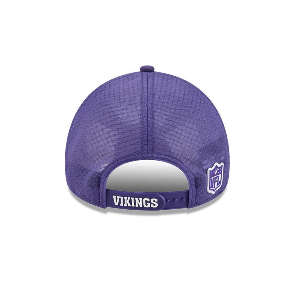 Minnesota Vikings NFL Sideline 2026 Purple New Era 9FORTY Apex Adjustable Cap, rear view showing an embroidered NFL shield logo on the left side, a purple mesh crown, and VIKINGS text on the adjustable strap above the opening.
