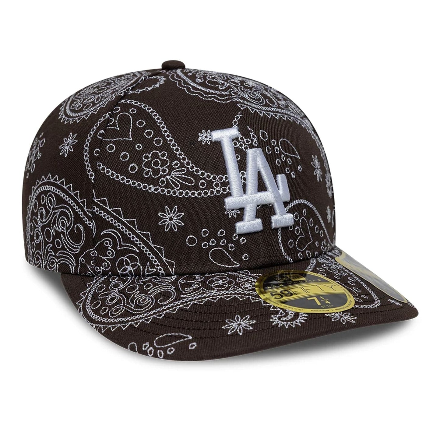 Pictured is this MLB All Over Paisley LA Dodgers Low Profile 59FIFTY Fitted cap in dark brown. 3