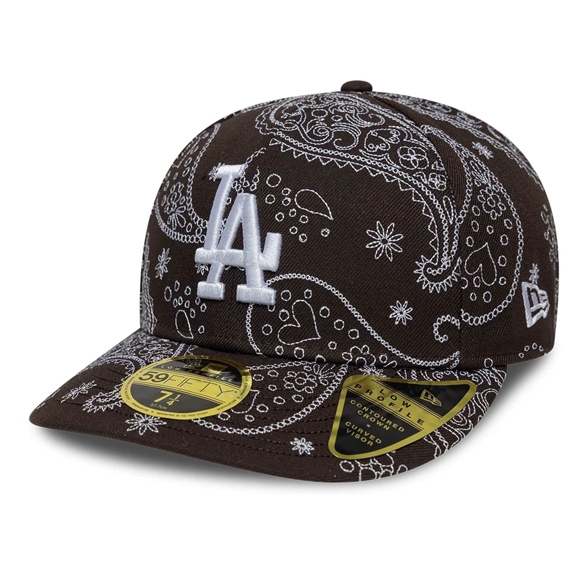 Pictured is this MLB All Over Paisley LA Dodgers Low Profile 59FIFTY Fitted cap in dark brown. 1