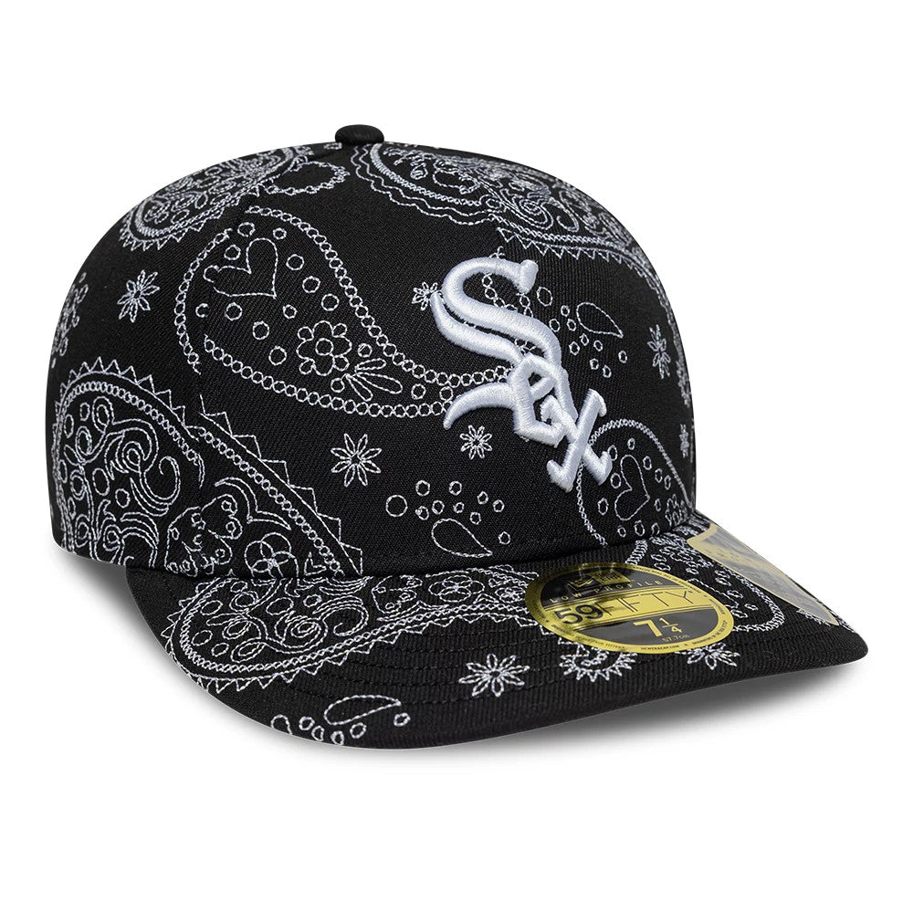 Pictured is this MLB All Over Paisley Chicago White Sox Low Profile 59FIFTY Fitted cap in black. 3