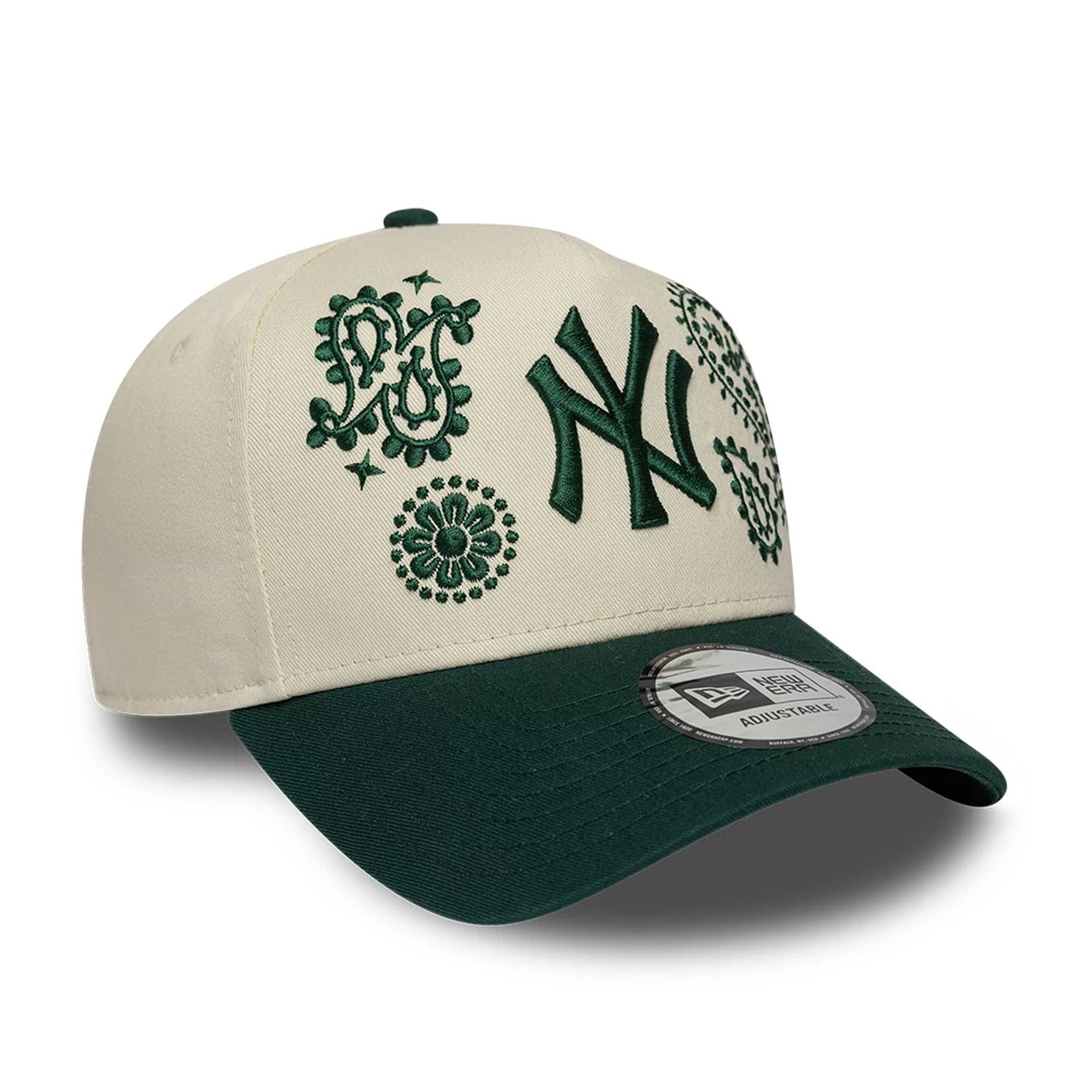 Pictured is this MLB Paisley New York Yankees 9FORTY E-Frame cap in dark green. 3