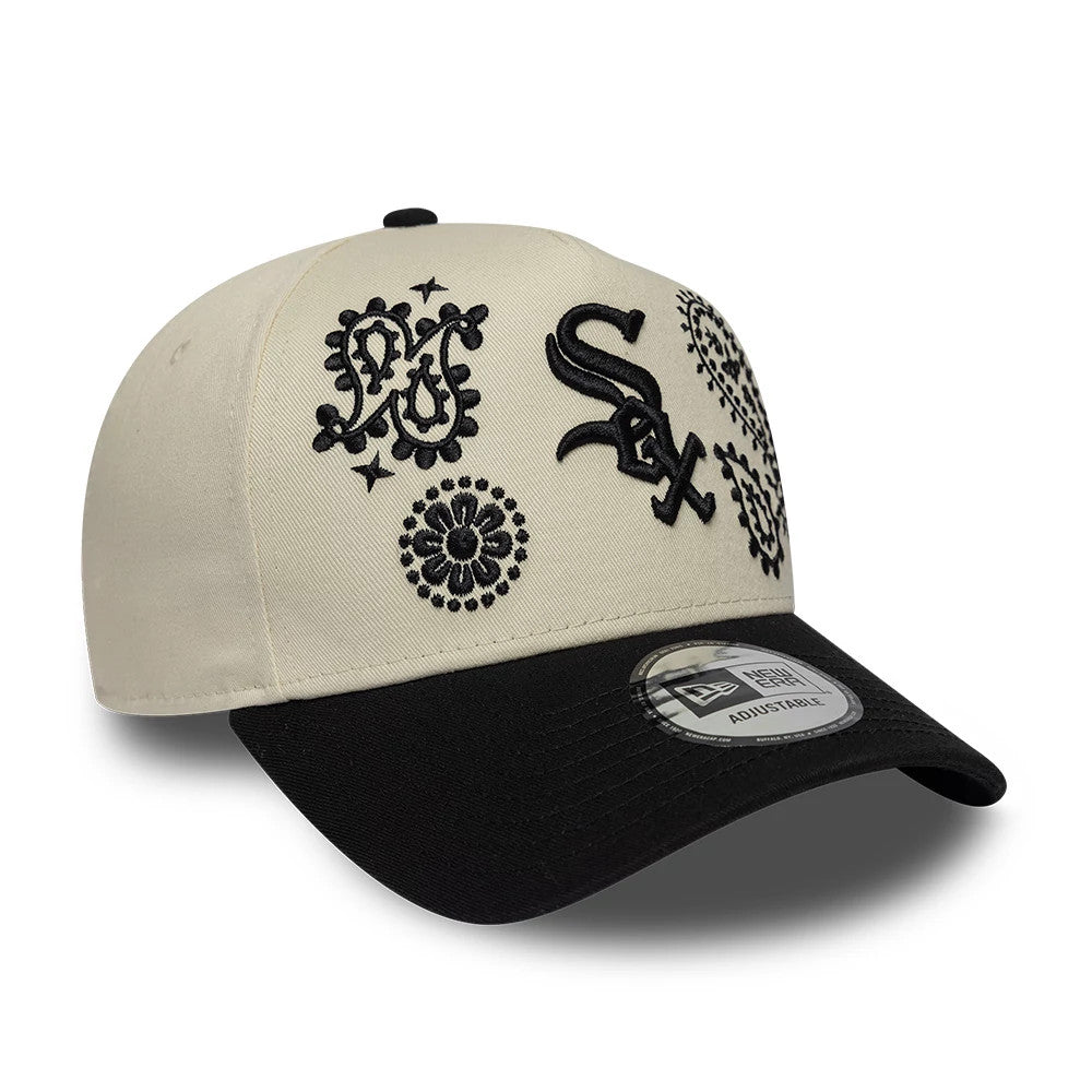Pictured is this MLB Paisley Chicago White Sox 9FORTY E-Frame cap in cream & black. 3