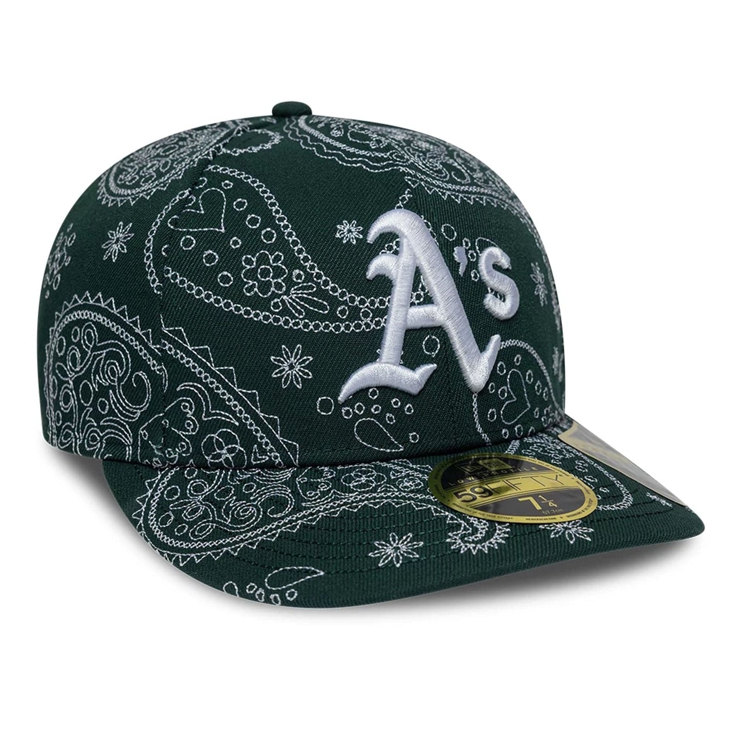 Pictured is this MLB All Over Paisley Athletics Low Profile 59FIFTY Fitted cap in dark green. 3