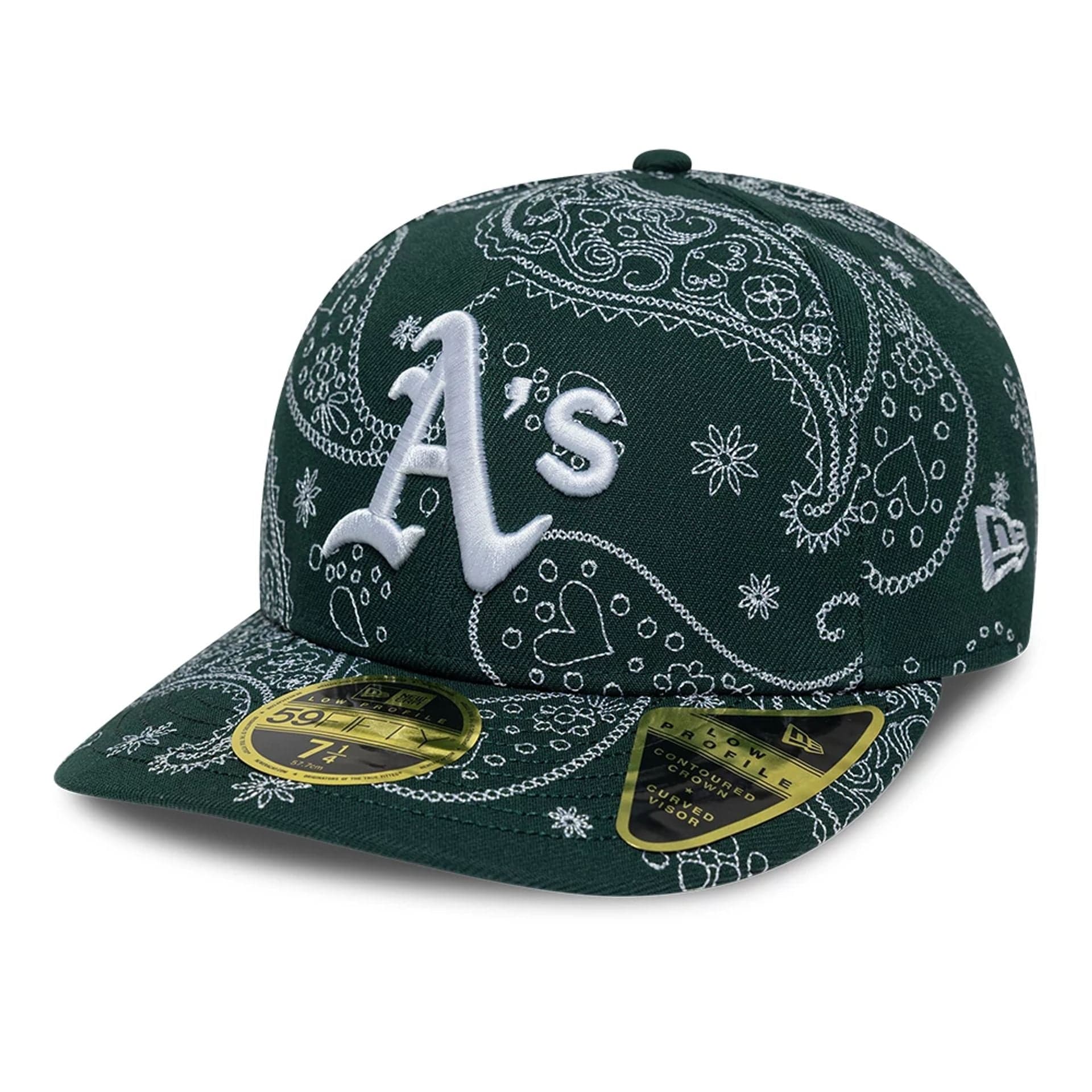 Pictured is this MLB All Over Paisley Athletics Low Profile 59FIFTY Fitted cap in dark green. 1