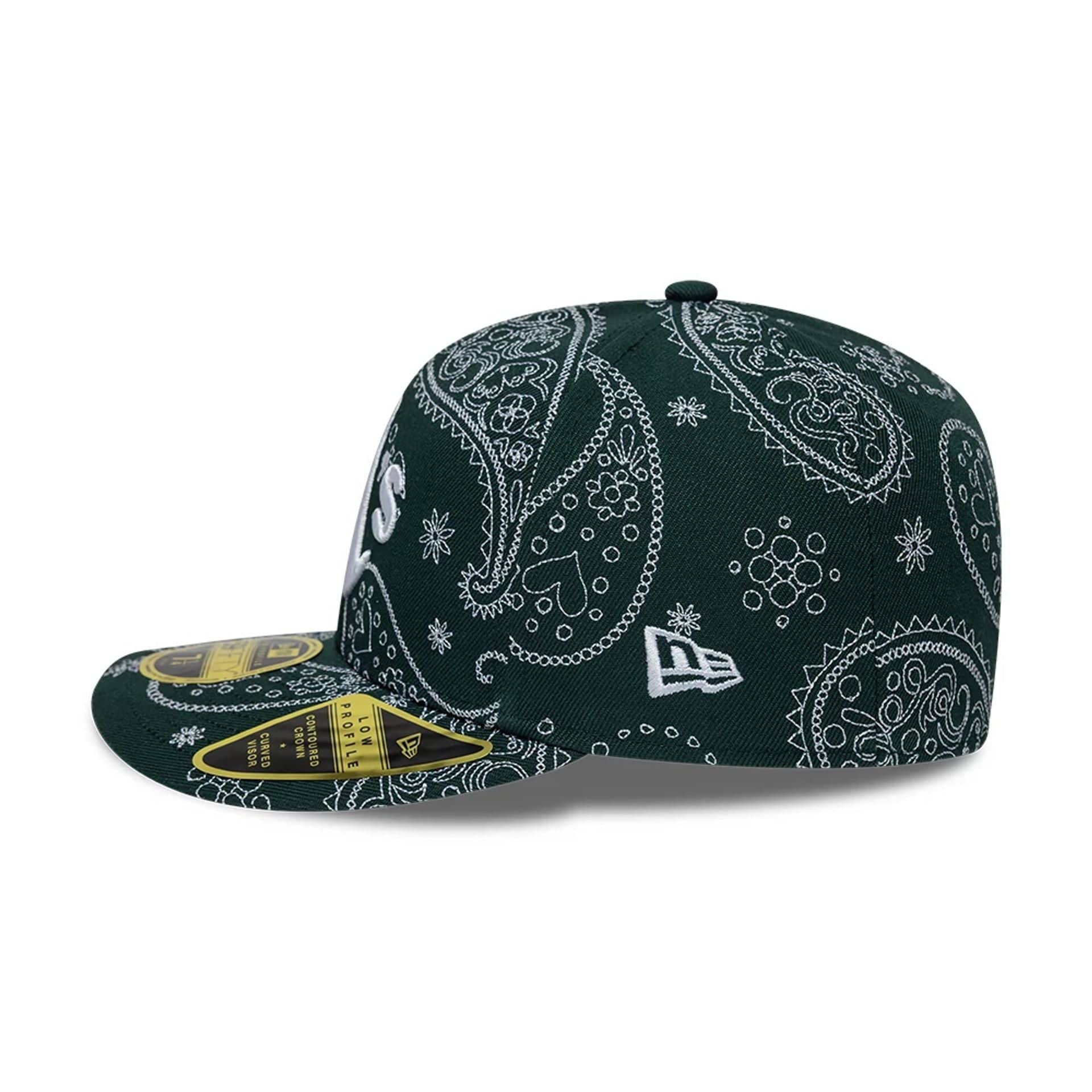 Pictured is this MLB All Over Paisley Athletics Low Profile 59FIFTY Fitted cap in dark green. 5