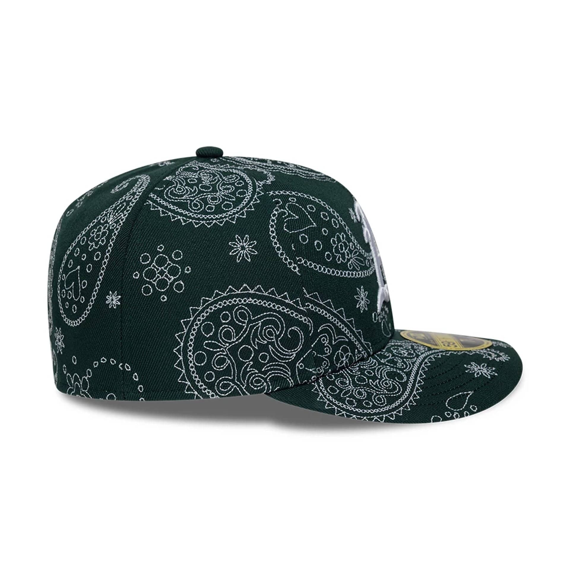 Pictured is this MLB All Over Paisley Athletics Low Profile 59FIFTY Fitted cap in dark green. 6