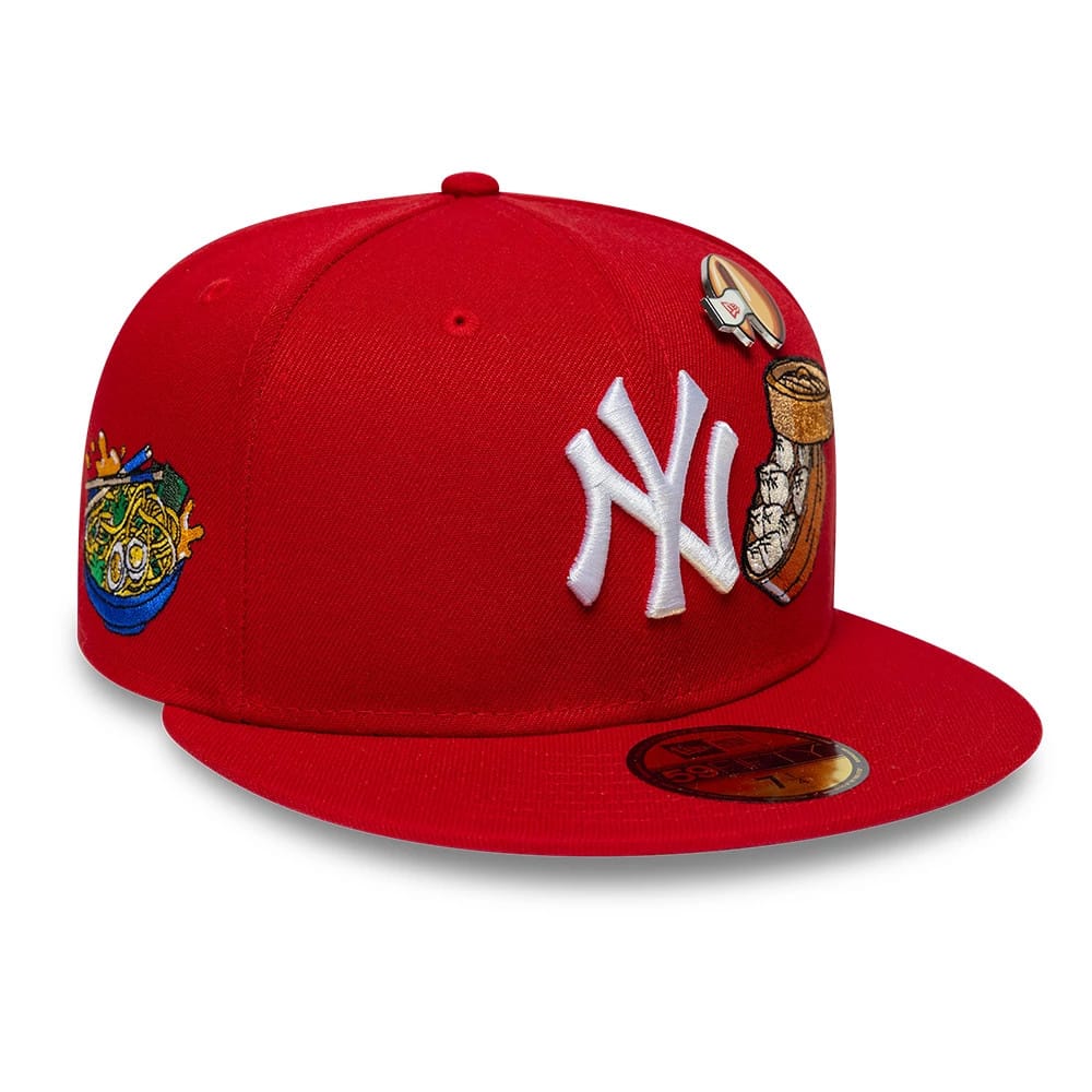 Pictured is this MLB Food New York Yankees 59FIFTY Fitted cap in red. 3