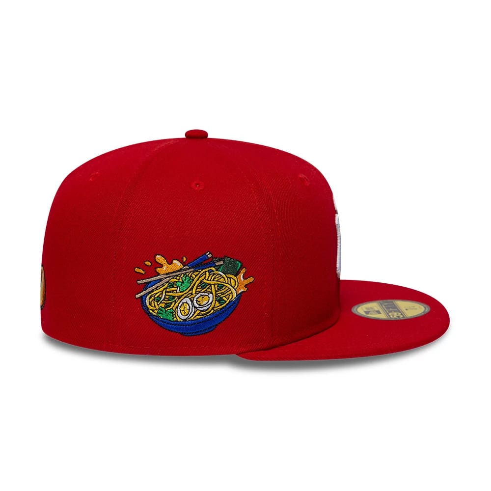Pictured is this MLB Food New York Yankees 59FIFTY Fitted cap in red. 5