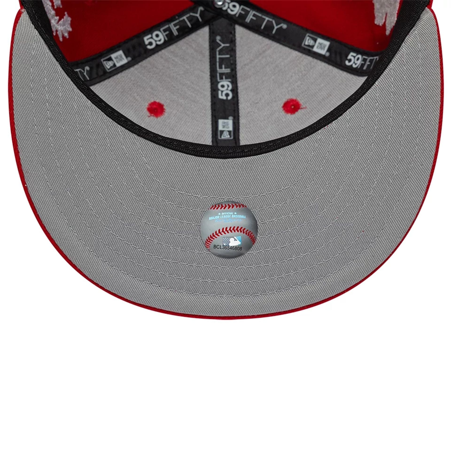Pictured is this MLB Mythical LA Angels 59FIFTY Fitted cap in red. 2