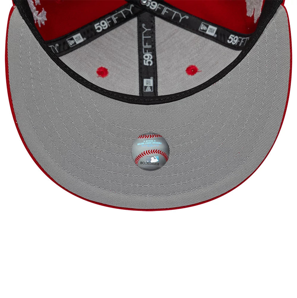 Pictured is this MLB Mythical LA Angels 59FIFTY Fitted cap in red. 2