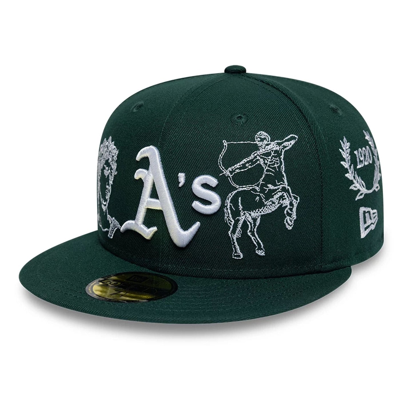 Pictured is this MLB Mythical Athletics 59FIFTY Fitted cap in dark green. 1