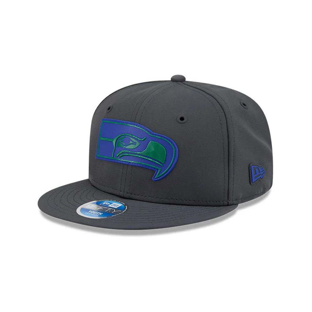 Pictured is this Youth NFL Sideline 2026 Seattle Seahawks 9FIFTY Snapback cap in charcoal. 1