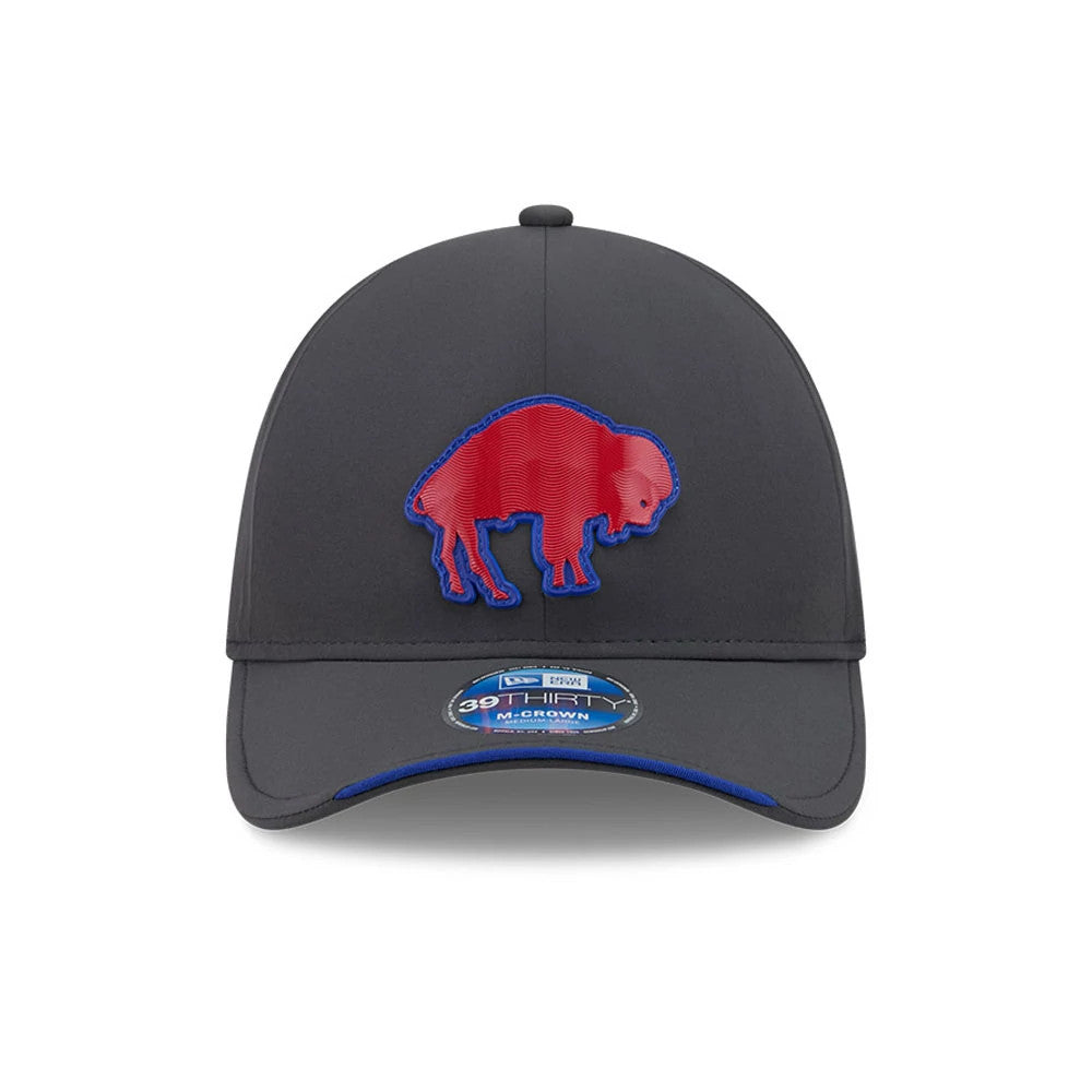 Pictured is this NFL Sideline 2026 Buffalo Bills 39THIRTY M-Crown Stretch Fit cap in charcoal. 2