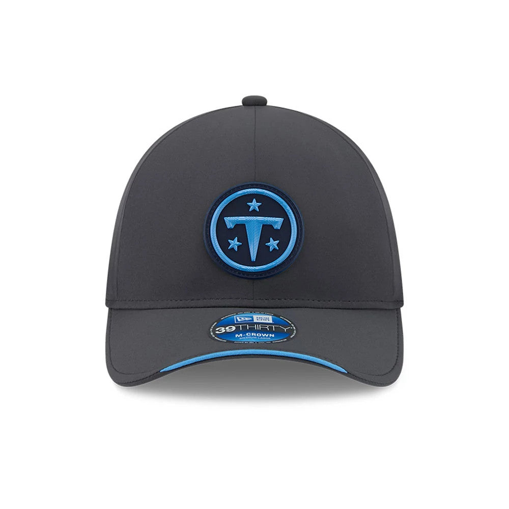 Pictured is this NFL Sideline 2026 Tennessee Titans 39THIRTY M-Crown Stretch Fit cap in charcoal. 2