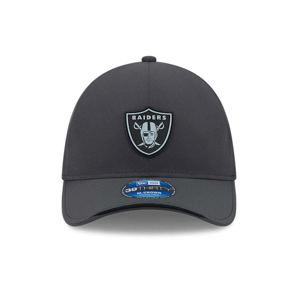Pictured is this NFL Sideline 2026 Las Vegas Raiders 39THIRTY M-Crown Stretch Fit cap in charcoal. 2