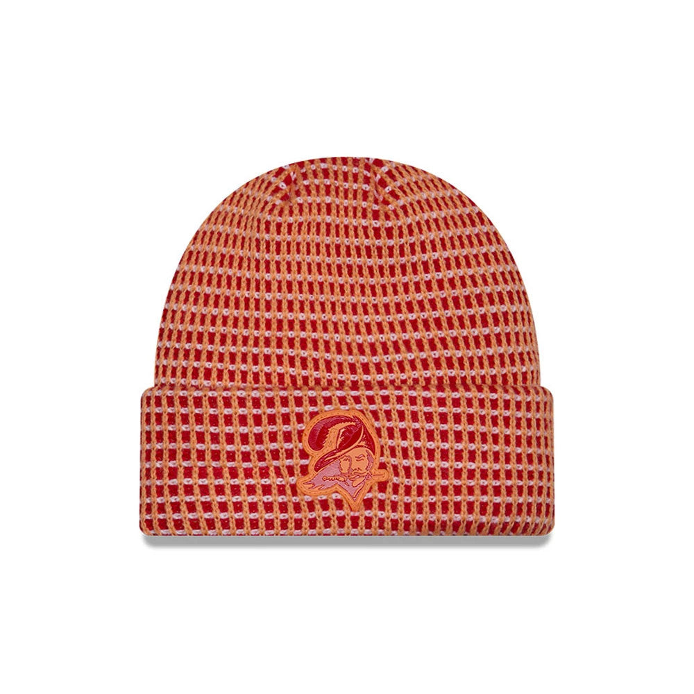 New Era Tampa Bay Buccaneers NFL Sideline 2026 Orange Cuff Knit Beanie Hat, front view showing an orange embroidered Buccaneers logo on the folded cuff, a textured orange knit pattern with red and white accents, and a rounded crown shape.