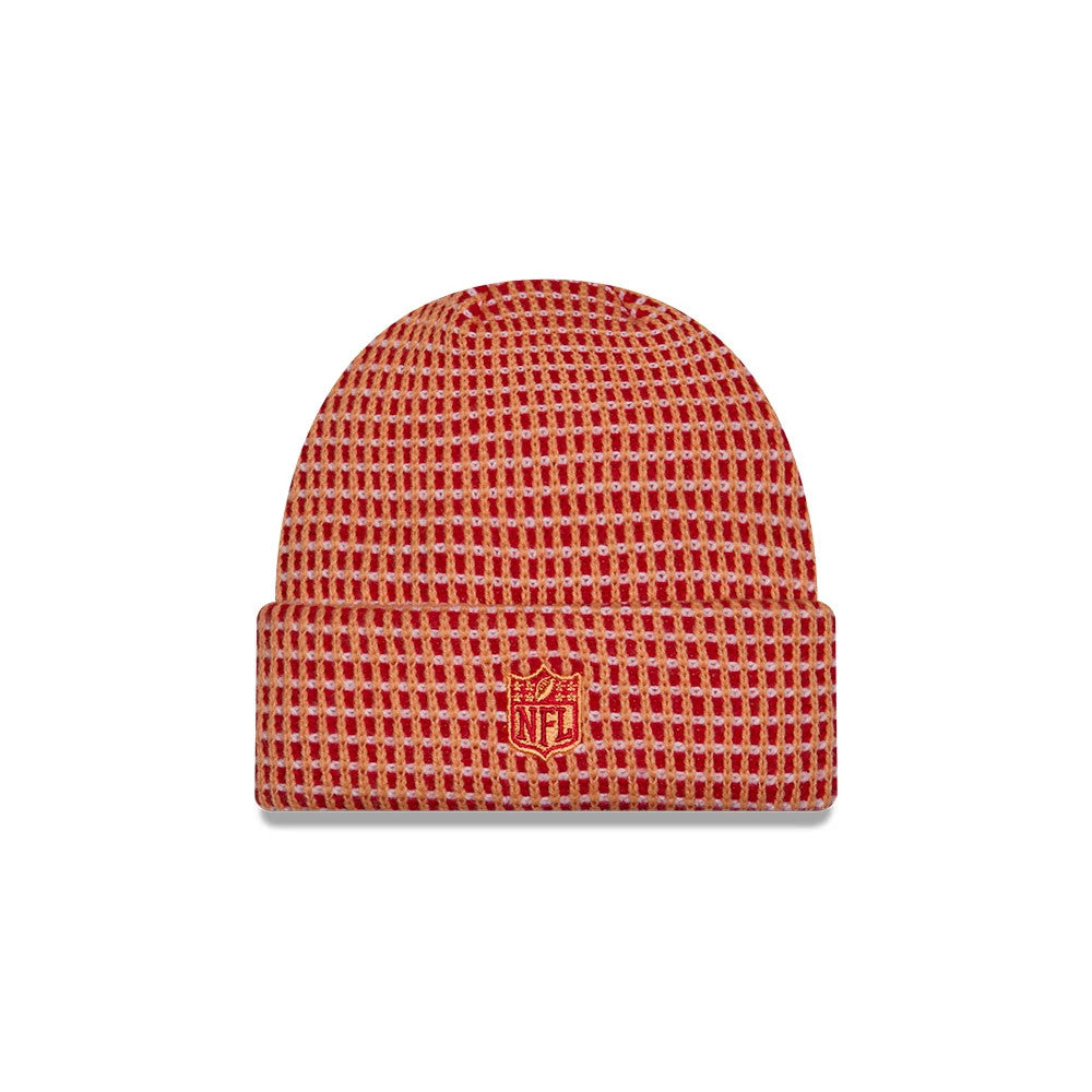 New Era Tampa Bay Buccaneers NFL Sideline 2026 Orange Cuff Knit Beanie Hat, front view showing the intricate checkered knit pattern in orange and white, with the red embroidered NFL logo on the folded cuff section of the beanie.