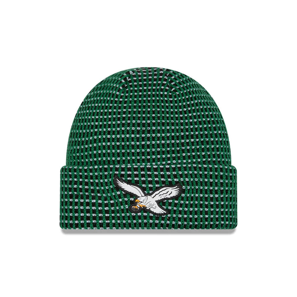 New Era Philadelphia Eagles NFL Sideline 2026 Green Cuff Knit Beanie Hat, front view showing the embroidered white and grey eagle logo on the green and black patterned knit cuff, featuring a structured texture throughout the crown.