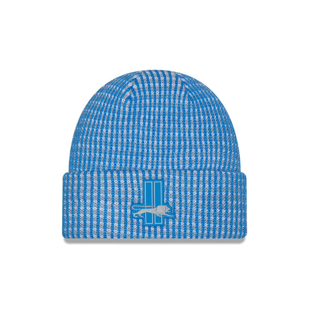 New Era Detroit Lions NFL Sideline 2026 Blue Cuff Knit Beanie Hat, front view showing an embroidered Detroit Lions logo on the cuff, with a blue and grey striped knit pattern covering the beanie.