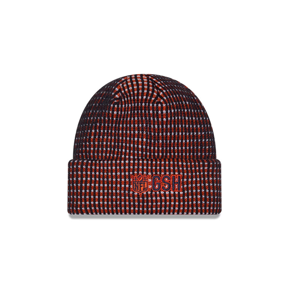 New Era Chicago Bears NFL Sideline 2026 Orange Cuff Knit Beanie Hat, front view showing the embroidered orange NFL and GSH logo on the cuff, with a textured orange and black knit pattern covering the crown and cuff.