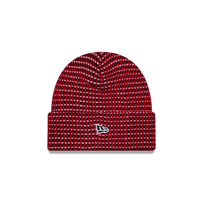 Pictured is this NFL Sideline 2026 San Francisco 49ers Cuff Knit Beanie Hat in red. 3