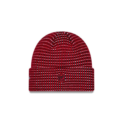 Pictured is this NFL Sideline 2026 San Francisco 49ers Cuff Knit Beanie Hat in red. 2