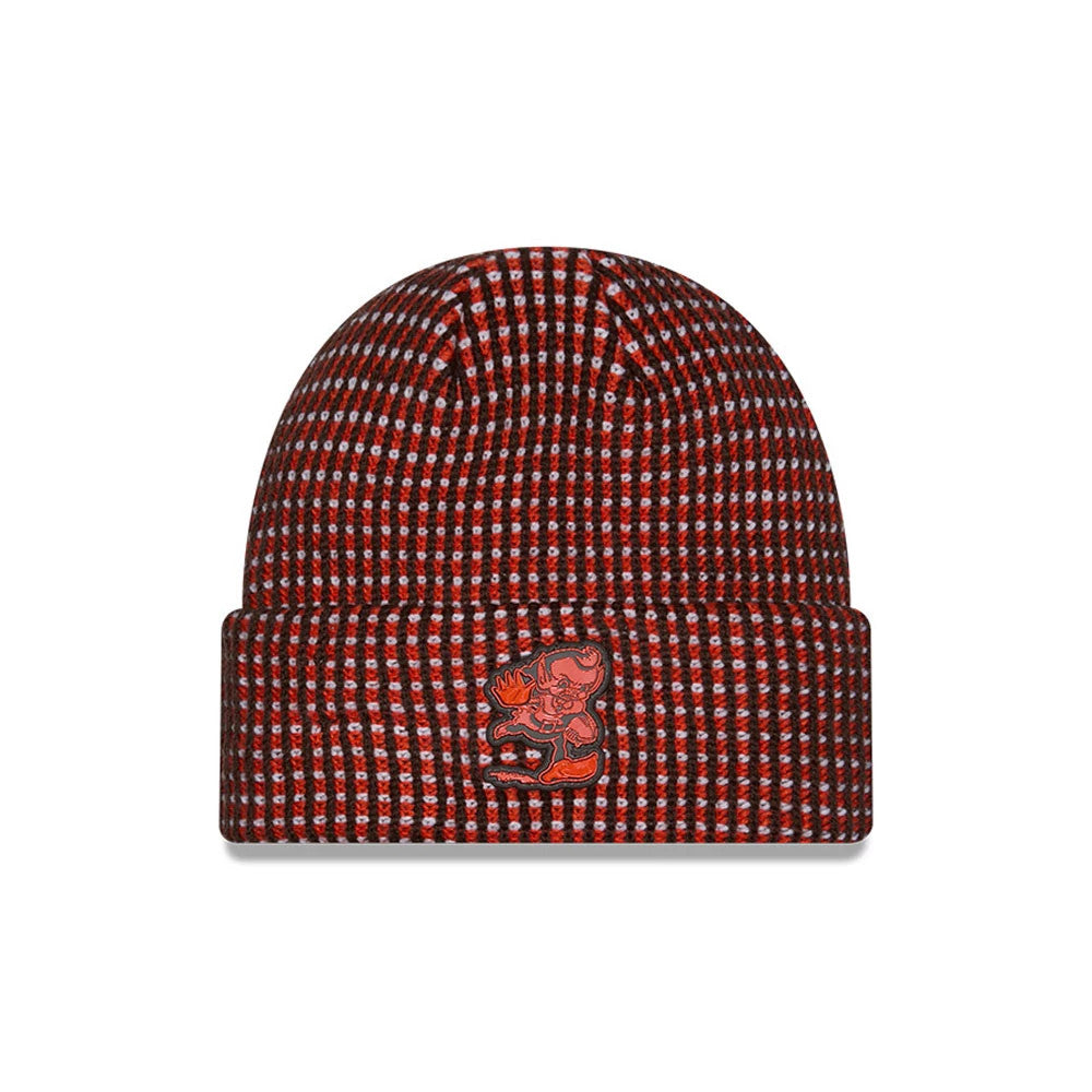 Pictured is this NFL Sideline 2026 Cleveland Browns Cuff Knit Beanie Hat in dark brown. 1