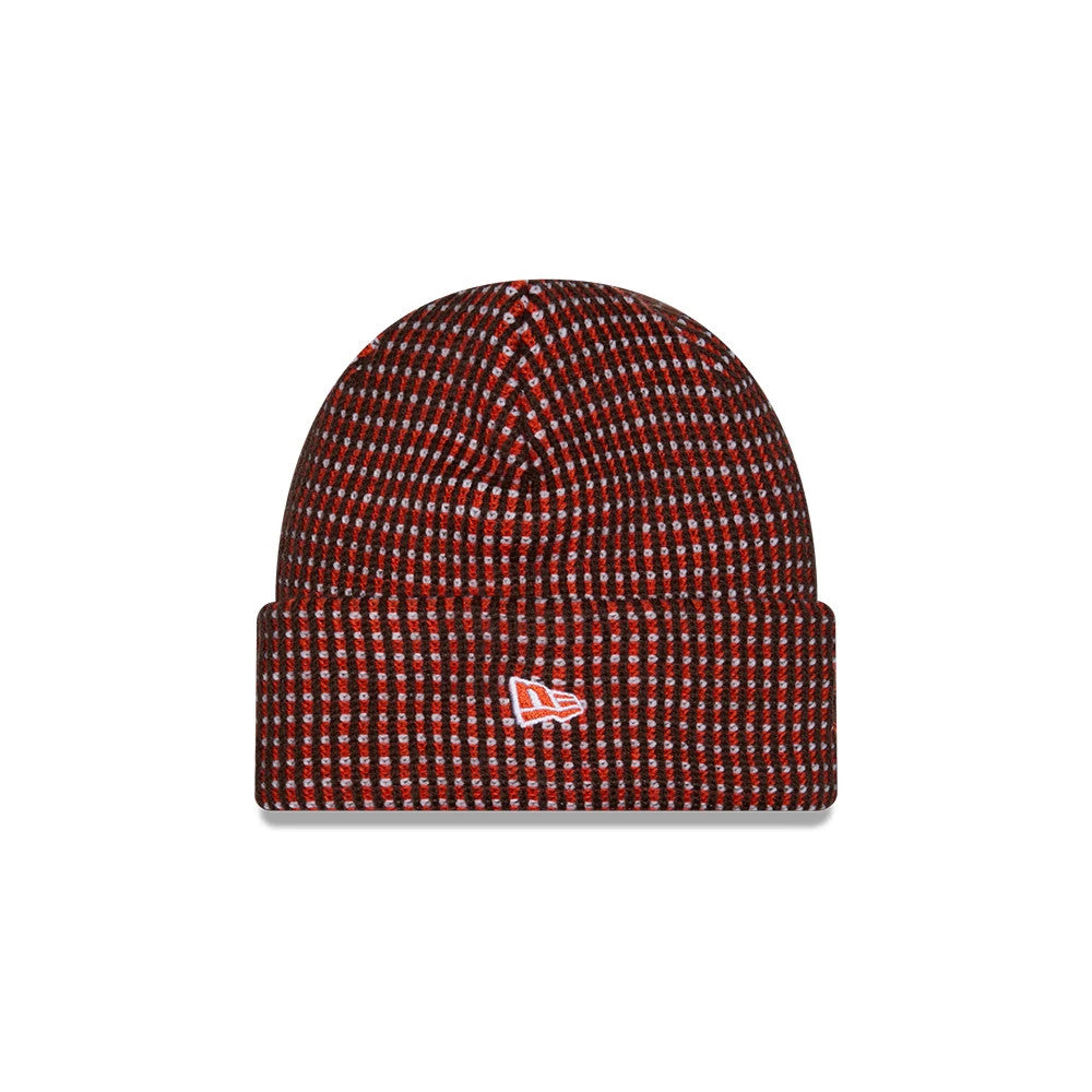 Pictured is this NFL Sideline 2026 Cleveland Browns Cuff Knit Beanie Hat in dark brown. 2