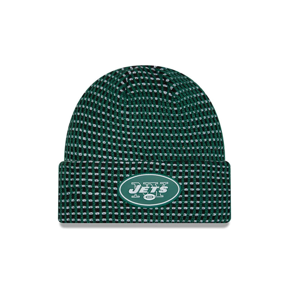 Pictured is this NFL Sideline 2026 New York Jets Cuff Knit Beanie Hat in Dark Green. 1