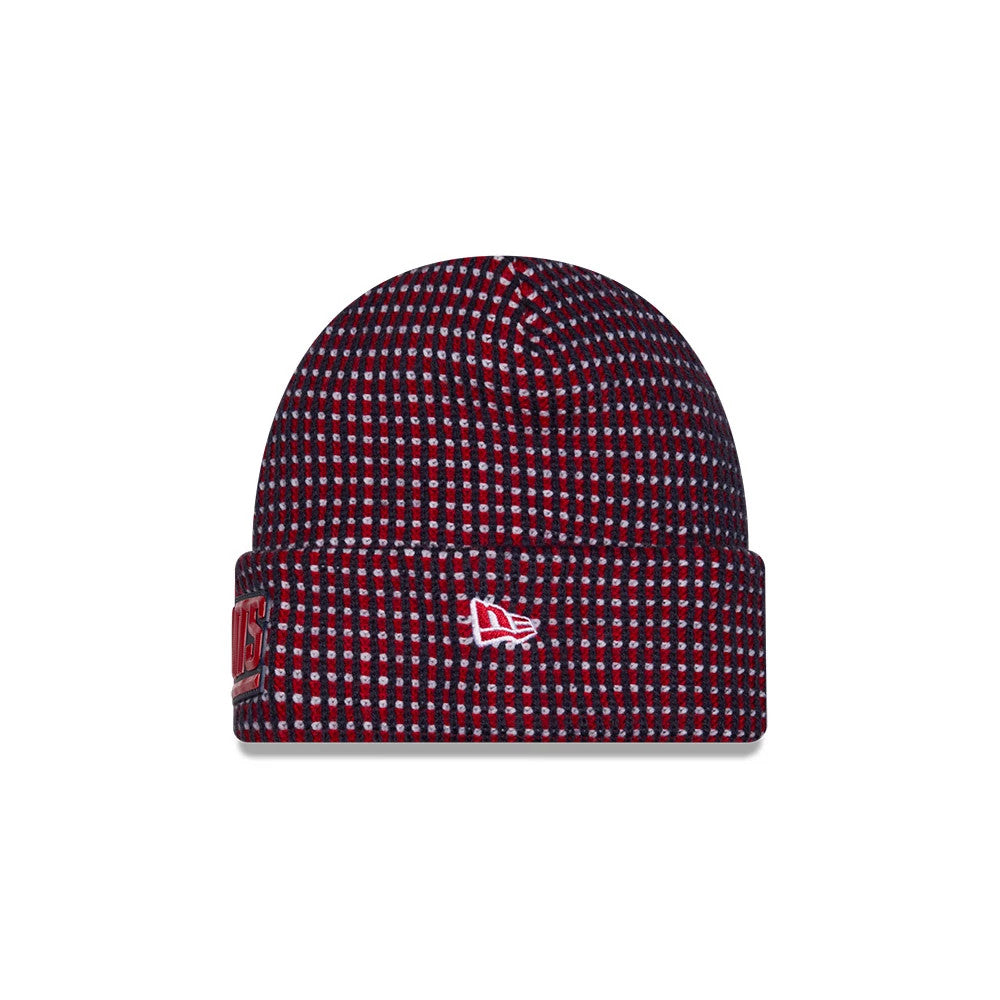 Pictured is this NFL Sideline 2026 New York Giants Cuff Knit Beanie Hat in dark blue. 2
