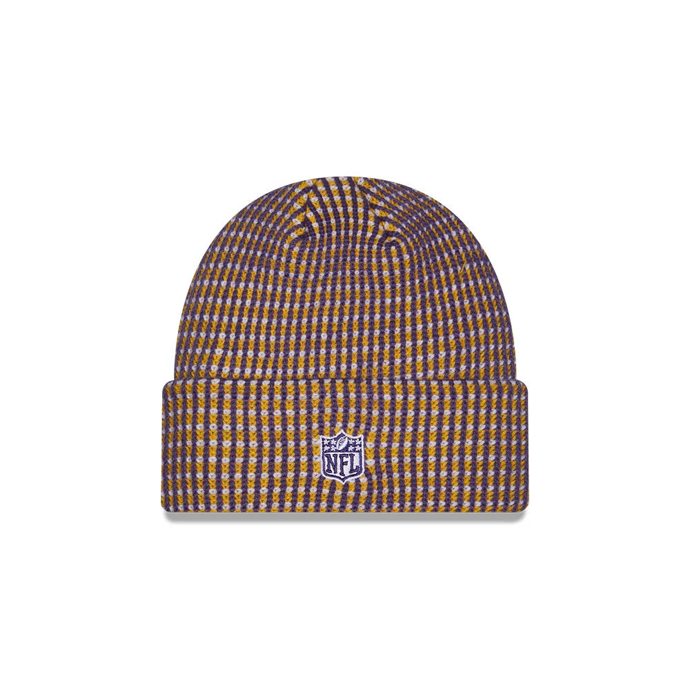 Pictured is this NFL Sideline 2026 Minnesota Vikings Cuff Knit Beanie Hat in Yellow. 2