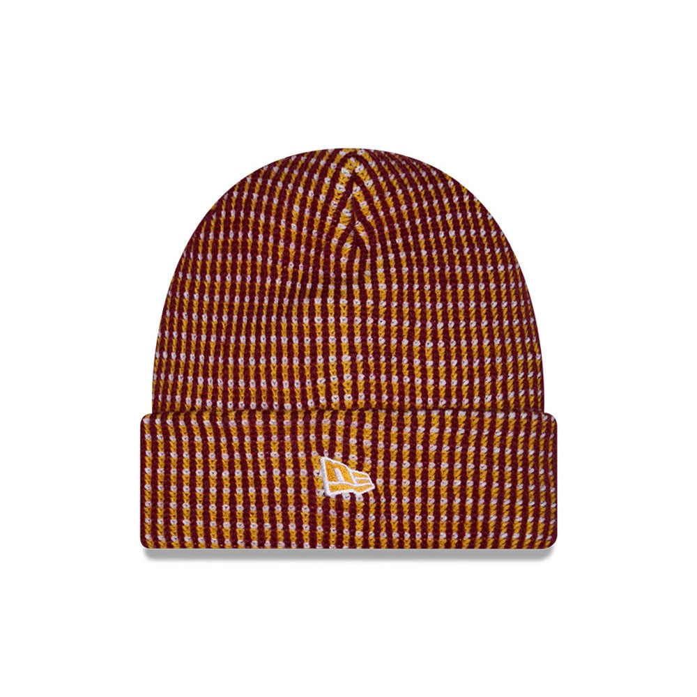 Pictured is this NFL Sideline 2026 Washington Commanders Cuff Knit Beanie Hat in red and yellow. 2