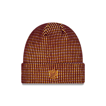 Pictured is this NFL Sideline 2026 Washington Commanders Cuff Knit Beanie Hat in red and yellow. 3
