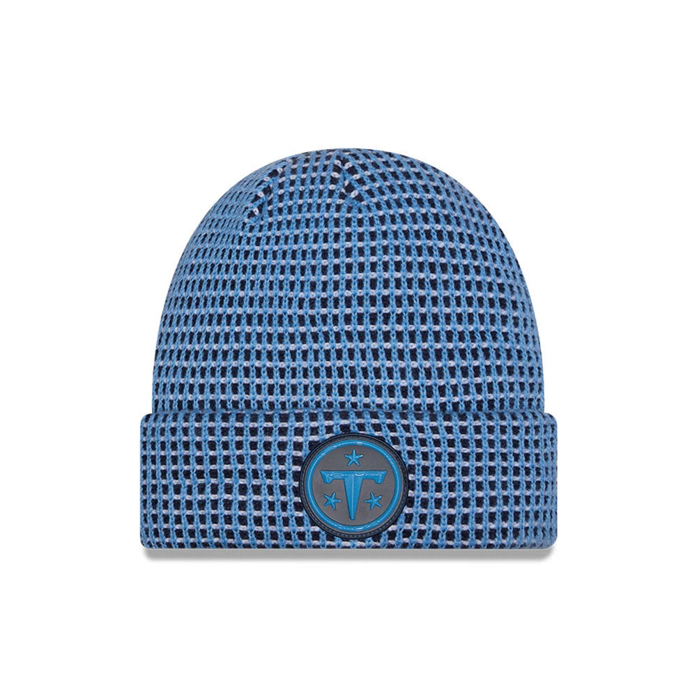 Pictured is this NFL Sideline 2026 Tennessee Titans Cuff Knit Beanie Hat in blue and black. 1