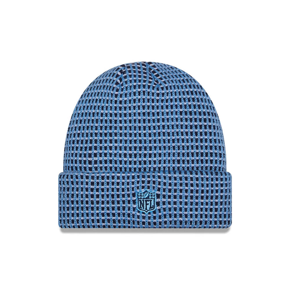 Pictured is this NFL Sideline 2026 Tennessee Titans Cuff Knit Beanie Hat in blue and black. 3