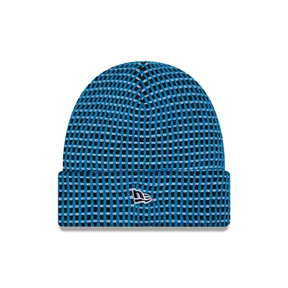 New Era Carolina Panthers NFL Sideline 2026 Blue & Black Cuff Knit Beanie Hat, front view showing a blue and black woven pattern with a white embroidered New Era flag logo on the cuff, accentuating the snug knit fabric design.
