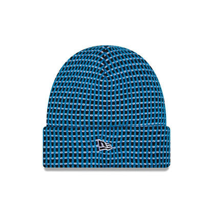 Pictured is this NFL Sideline 2026 Carolina Panthers Cuff Knit Beanie Hat in blue and black. 2