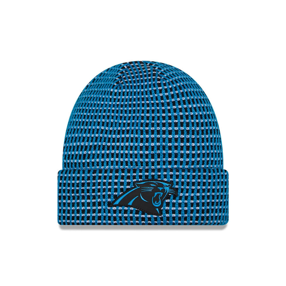 New Era Carolina Panthers NFL Sideline 2026 Blue & Black Cuff Knit Beanie Hat, front view showing the black and blue Carolina Panthers logo embroidered on the cuff and a textured check pattern covering the entire crown.