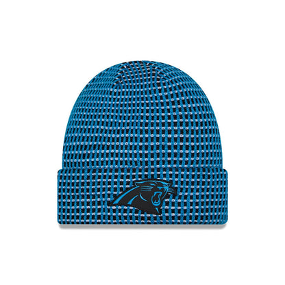 Pictured is this NFL Sideline 2026 Carolina Panthers Cuff Knit Beanie Hat in blue and black. 1