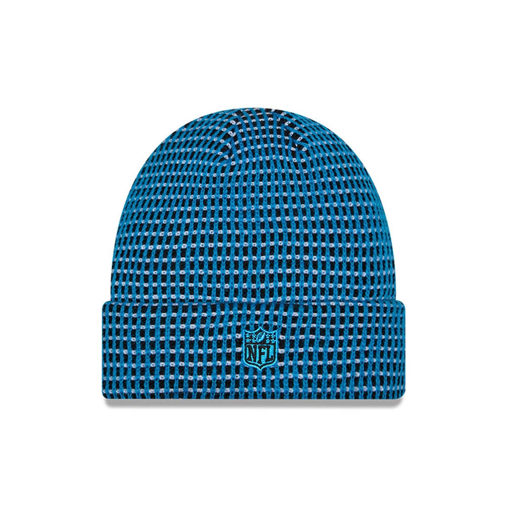 Pictured is this NFL Sideline 2026 Carolina Panthers Cuff Knit Beanie Hat in blue and black. 3