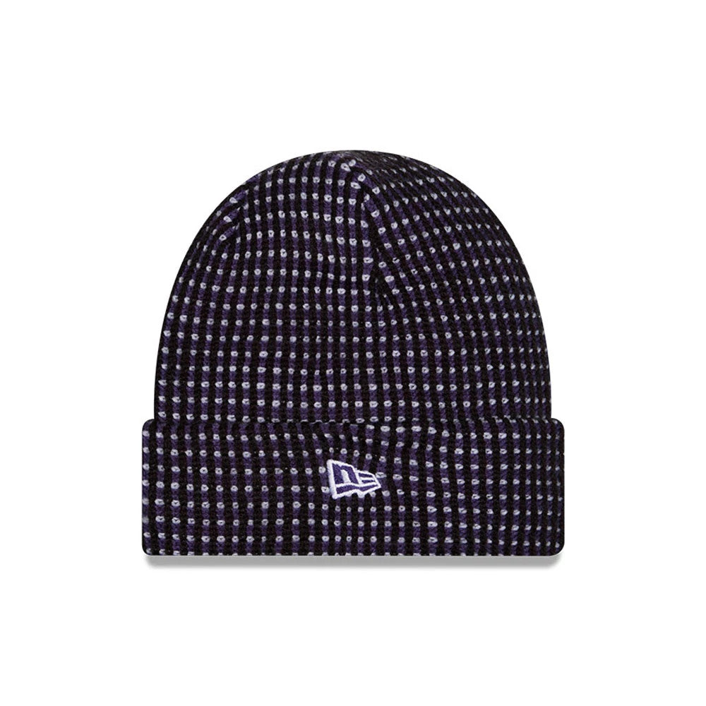 Pictured is this NFL Sideline 2026 Baltimore Ravens Cuff Knit Beanie Hat in black and purple. 2