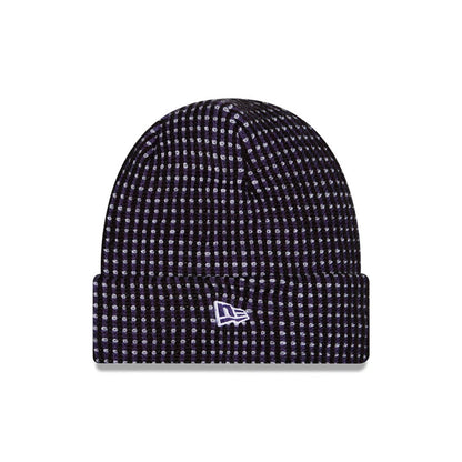 Pictured is this NFL Sideline 2026 Baltimore Ravens Cuff Knit Beanie Hat in black and purple. 2