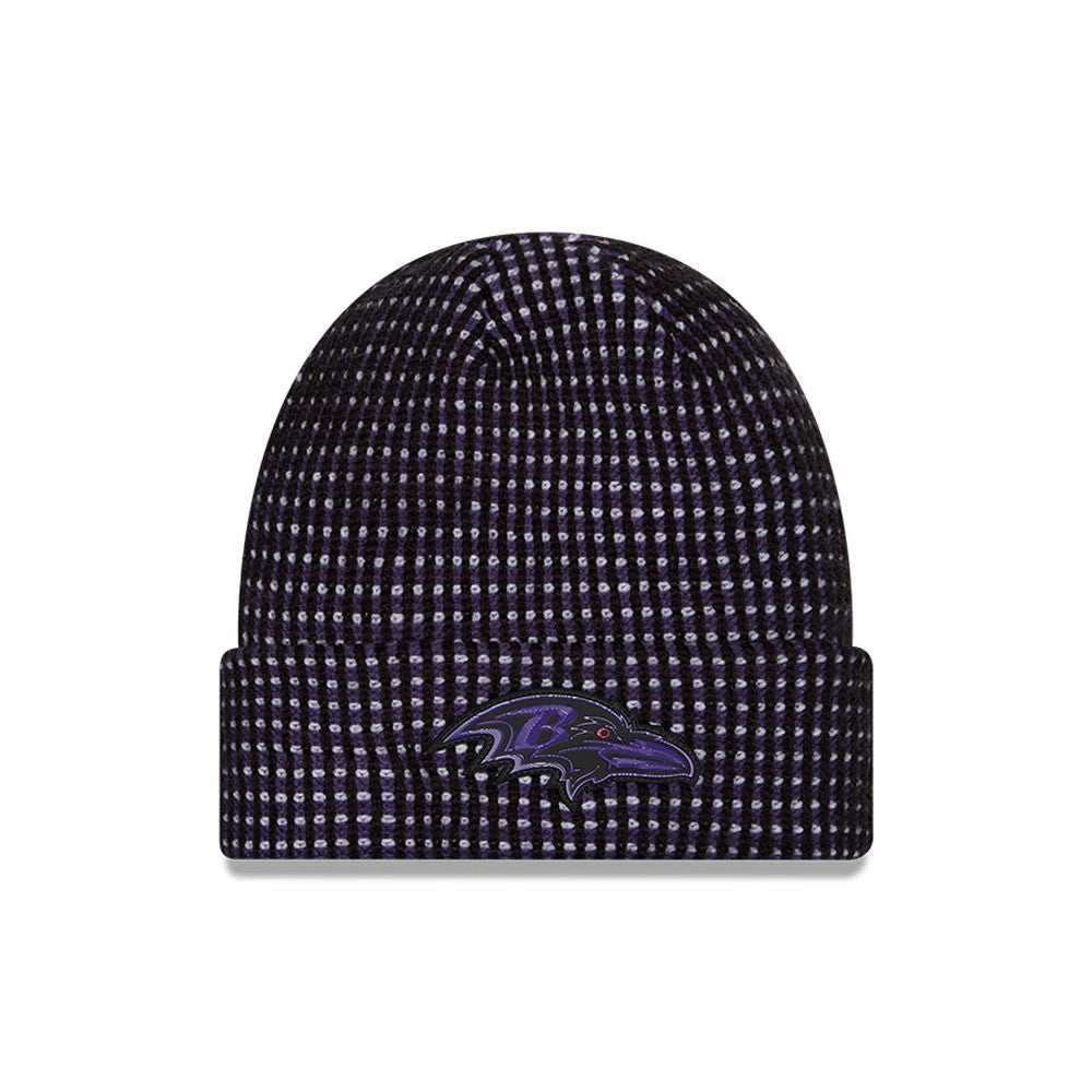 Pictured is this NFL Sideline 2026 Baltimore Ravens Cuff Knit Beanie Hat in black and purple. 1