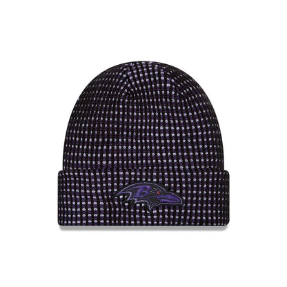 Pictured is this NFL Sideline 2026 Baltimore Ravens Cuff Knit Beanie Hat in black and purple. 1
