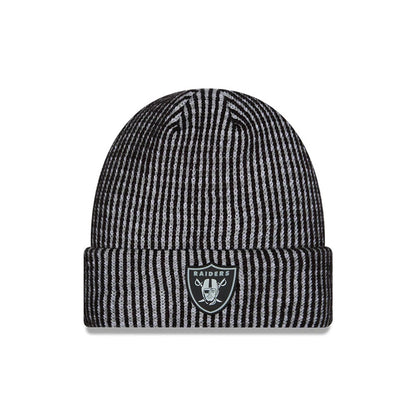 Pictured is this NFL Sideline 2026 Las Vegas Raiders Cuff Knit Beanie Hat in black. 1
