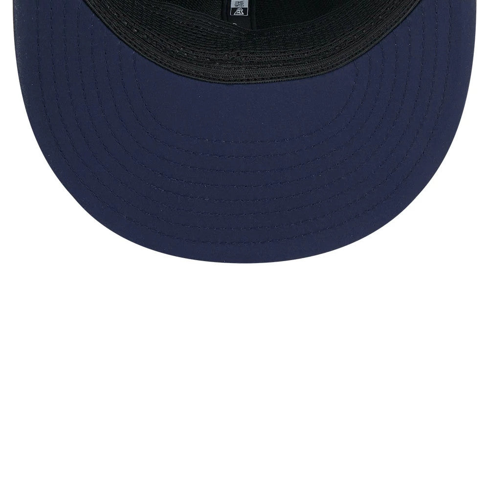 Dallas Cowboys NFL Sideline 2026 Charcoal New Era 9FIFTY Snapback Adjustable Cap, inside view showing a black sweatband encircling the crown, contrasting blue undervisor, and matching black taping with team and New Era branding along its length.